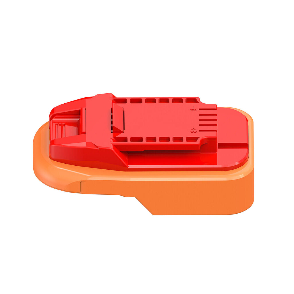 AEG 18V to Bauer 20V battery adapter - red tool-side face and terminal slots above the orange body