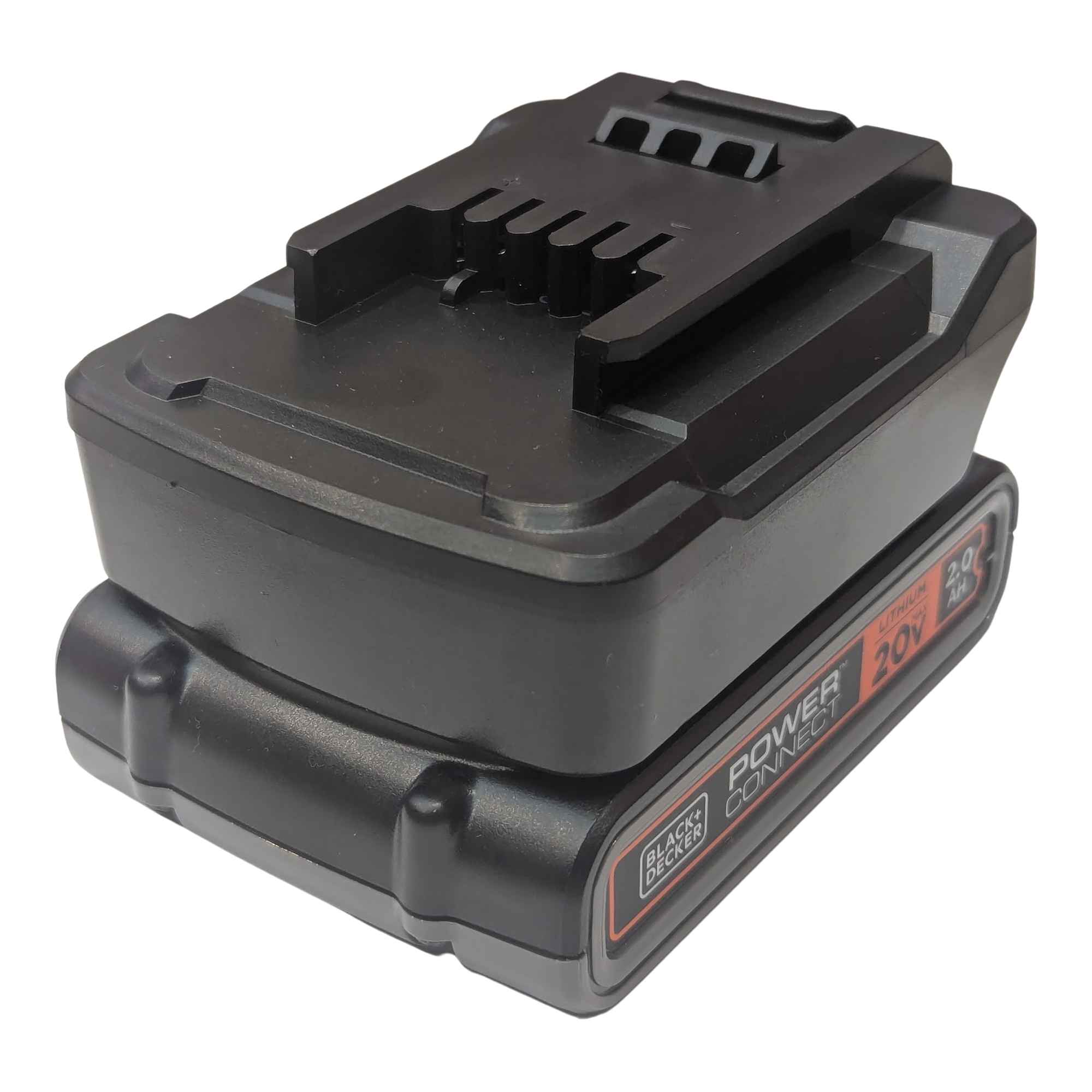 Black and Decker 20V to Einhell 18V PXC battery adapter - fitted to the battery, printed capacity badge on the pack