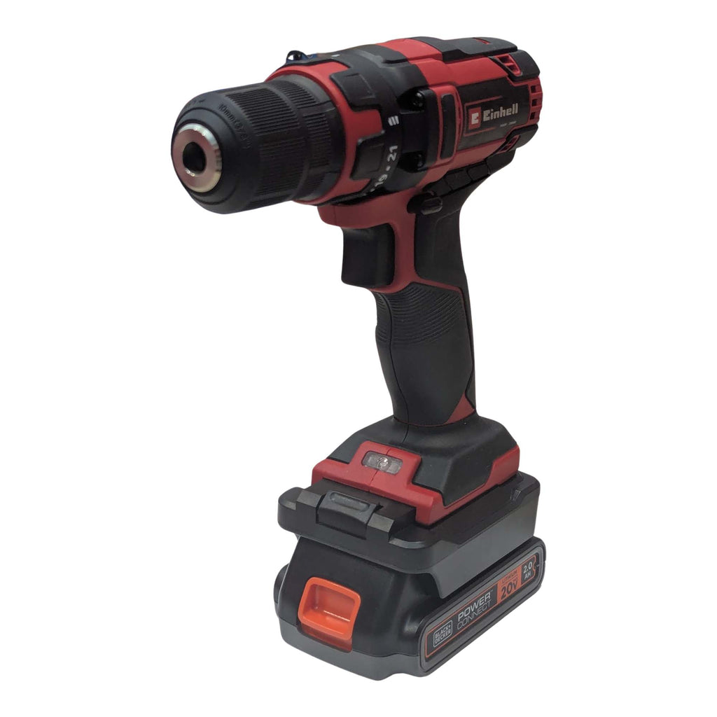 Black and Decker 20V to Einhell 18V PXC battery adapter - installed on a cordless drill driver, battery pack fitted below
