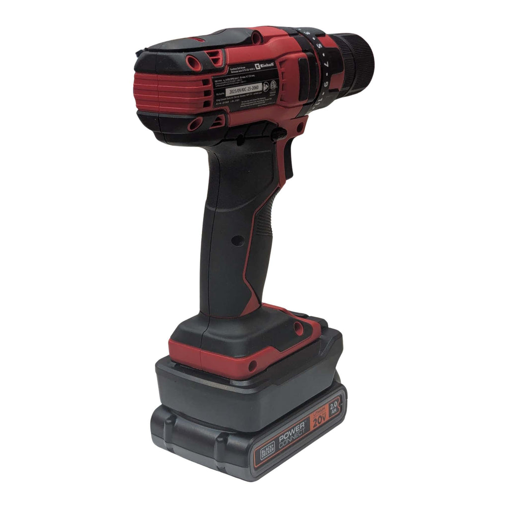 Black and Decker 20V to Einhell 18V PXC battery adapter - installed on a cordless drill driver, rear view, battery pack below