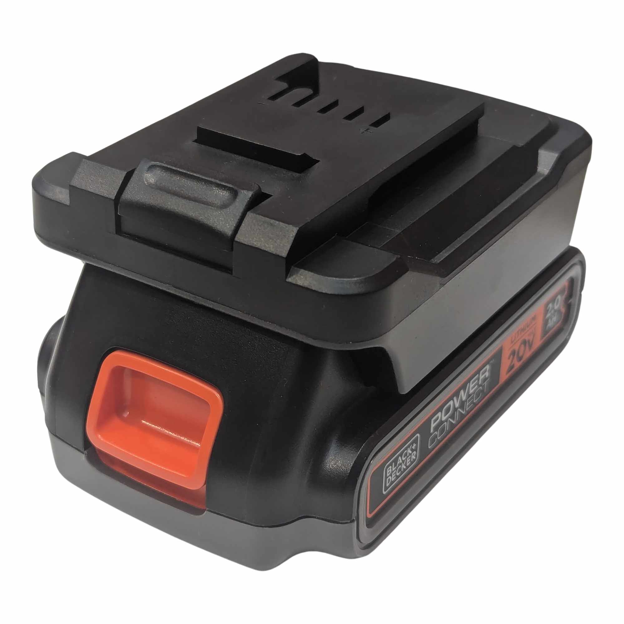 Black and Decker 20V to Einhell 18V PXC battery adapter - fitted to the Black and Decker 20V battery, tool-side face upward