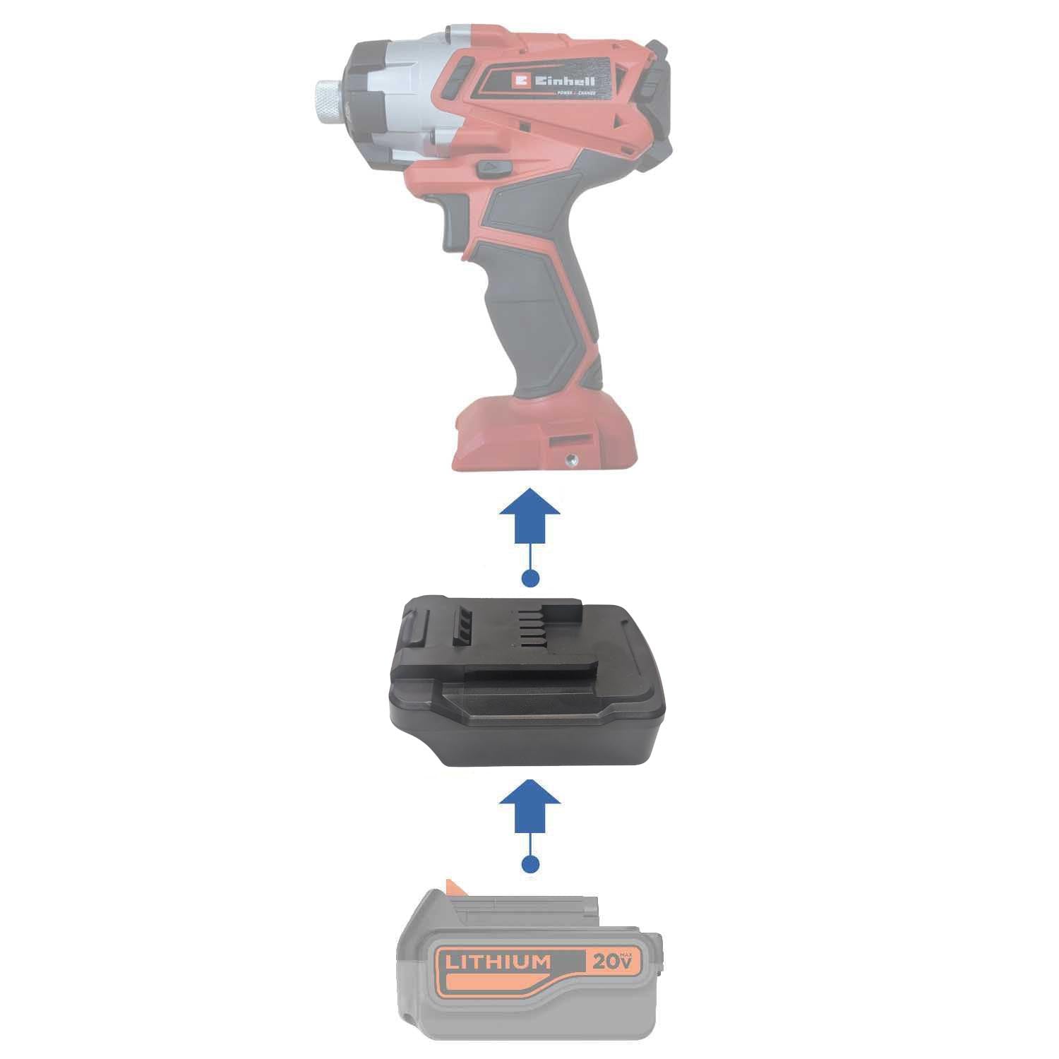 Black and Decker 20V to Einhell 18V PXC battery adapter - compatibility diagram showing battery, adapter and impact driver