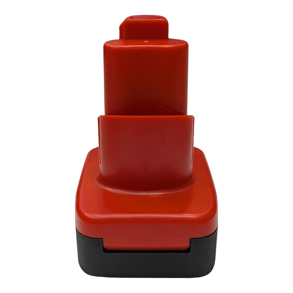 Black and Decker 20V to Milwaukee M12 battery adapter - rear view, red tool-side stem over the black battery-side base