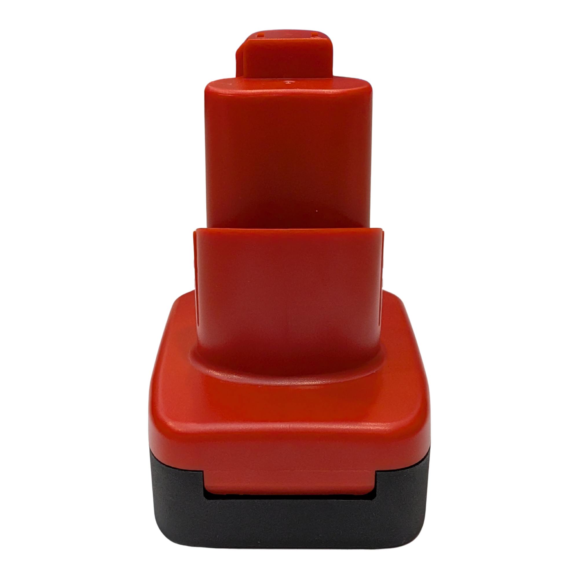 Black and Decker 20V to Milwaukee M12 battery adapter - rear view, red tool-side stem over the black battery-side base
