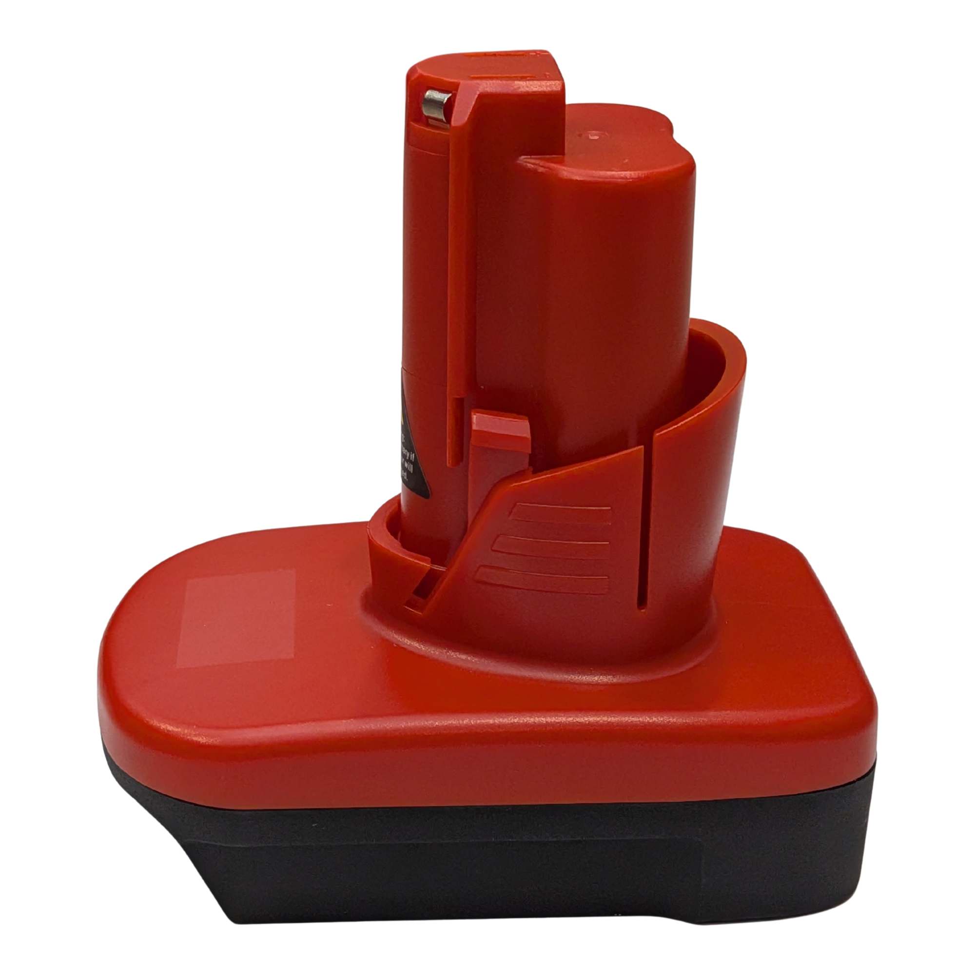 Black and Decker 20V to Milwaukee M12 battery adapter - side view showing both connections, red body over the black base