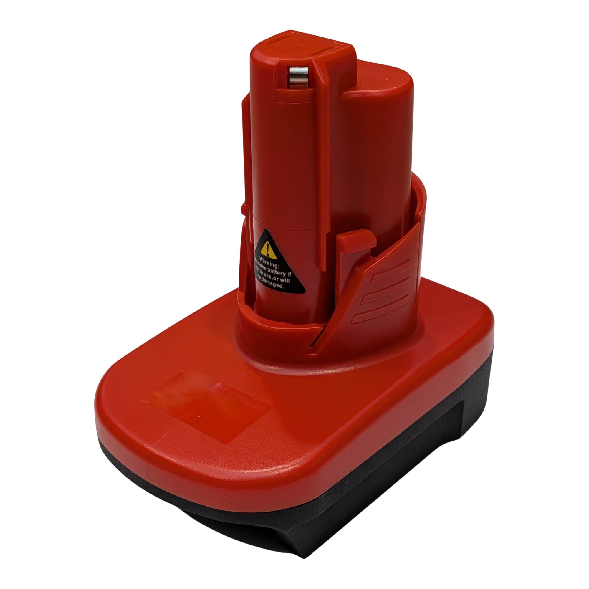 Black and Decker 20V to Milwaukee M12 battery adapter - tool-side stem upward, red body over the black battery-side base