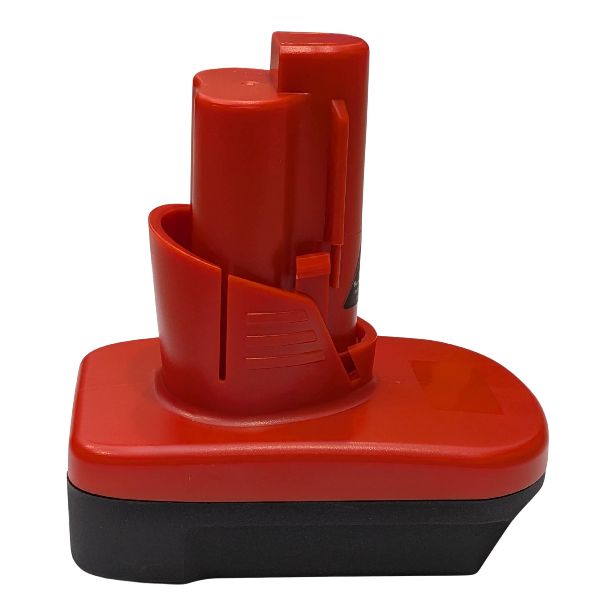 Black and Decker 20V to Milwaukee M12 battery adapter - side view showing both connections, red body over the black base