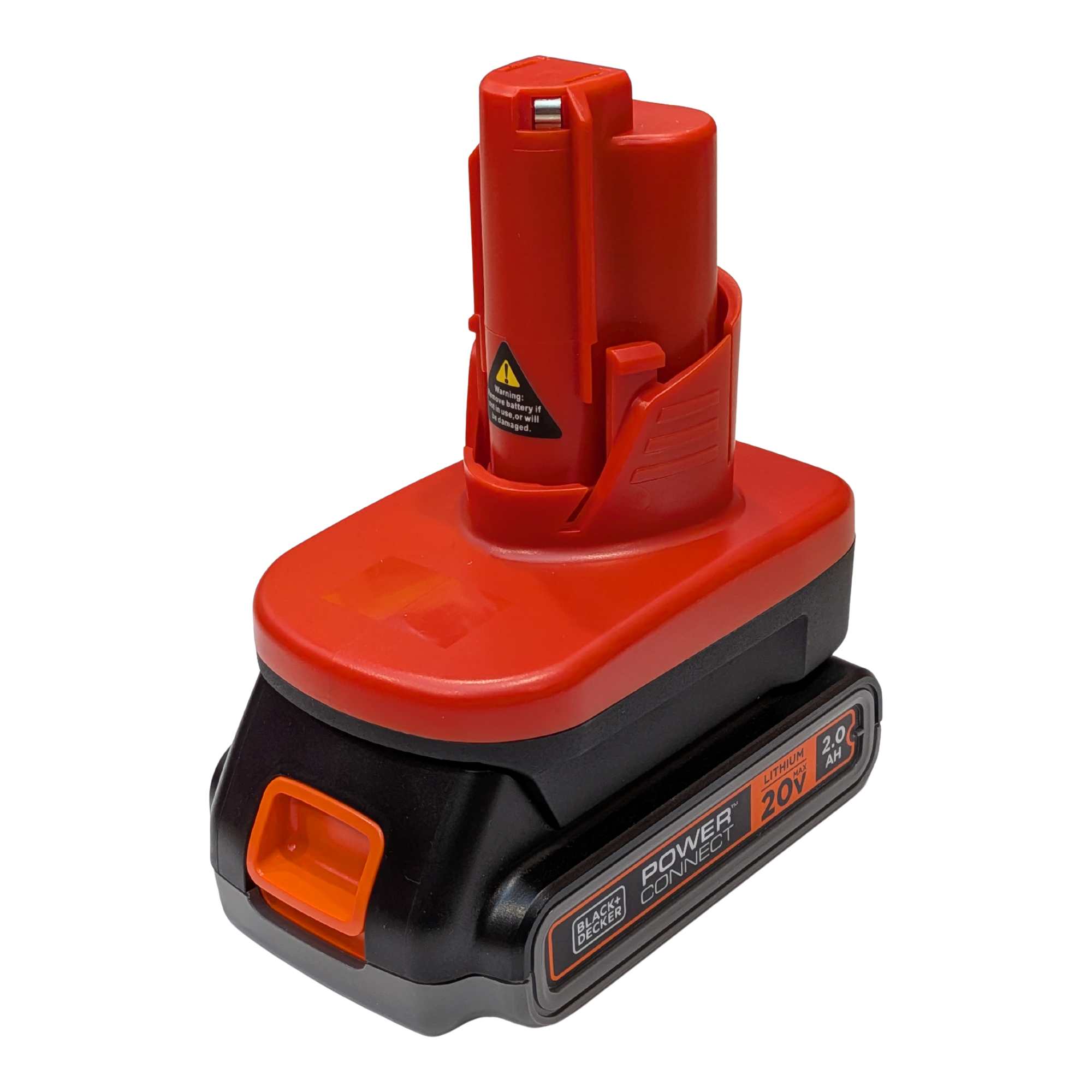 Black and Decker 20V to Milwaukee M12 battery adapter - fitted to the Black and Decker 20V battery, tool-side stem upward