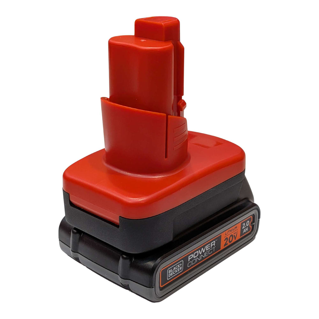 Black and Decker 20V to Milwaukee M12 battery adapter - fitted to the Black and Decker 20V battery, rear view