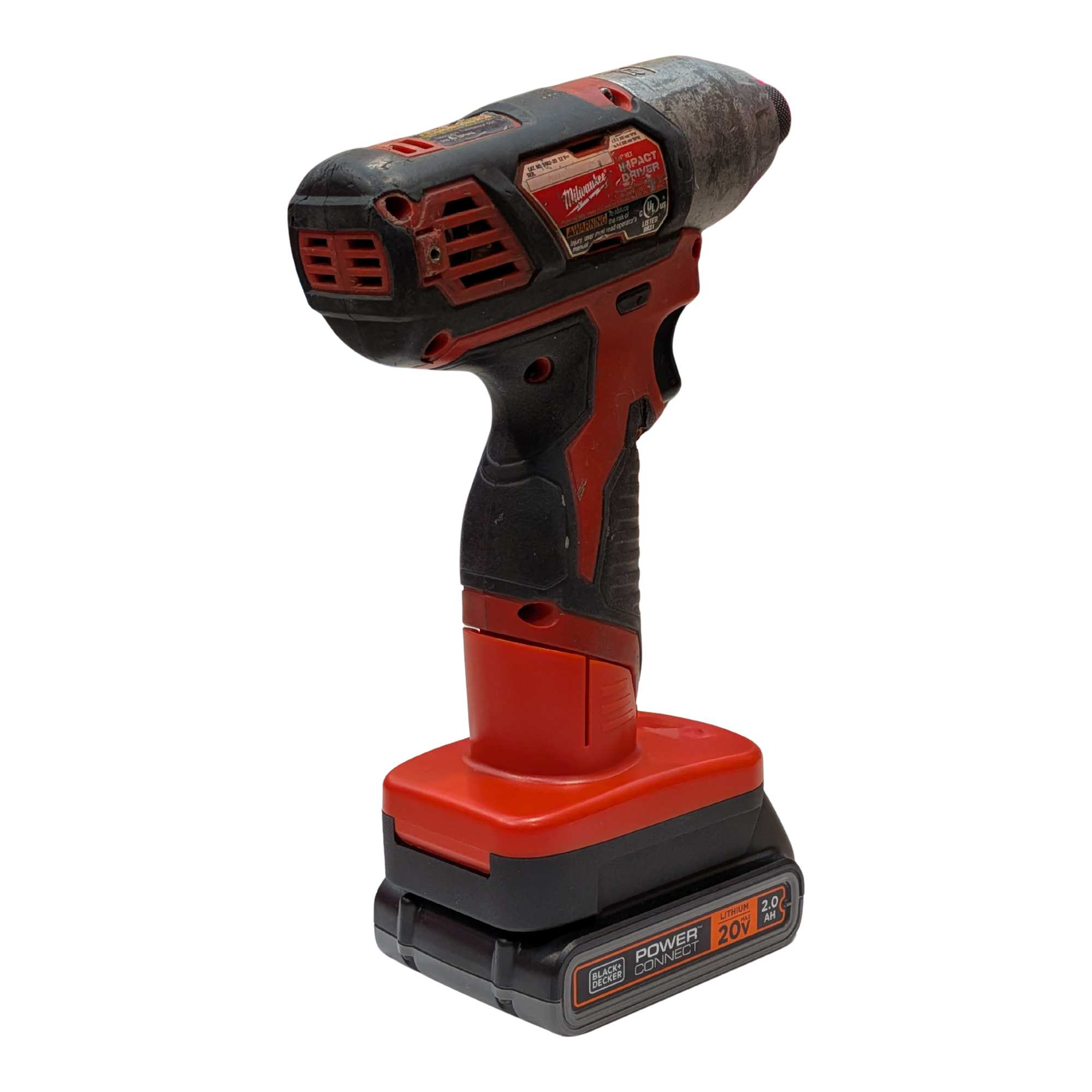 Black and Decker 20V to Milwaukee M12 battery adapter - rear view, installed on an impact driver on the battery pack