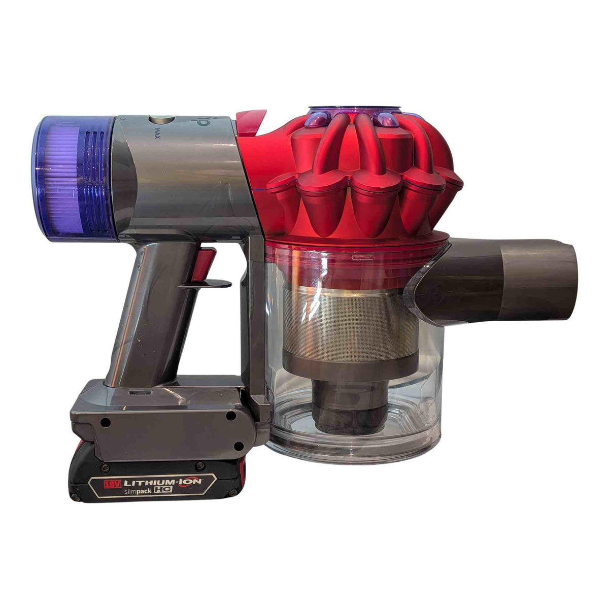Bosch 18V GBA (Blue) to Dyson V8 battery adapter: Fitted, Right Side