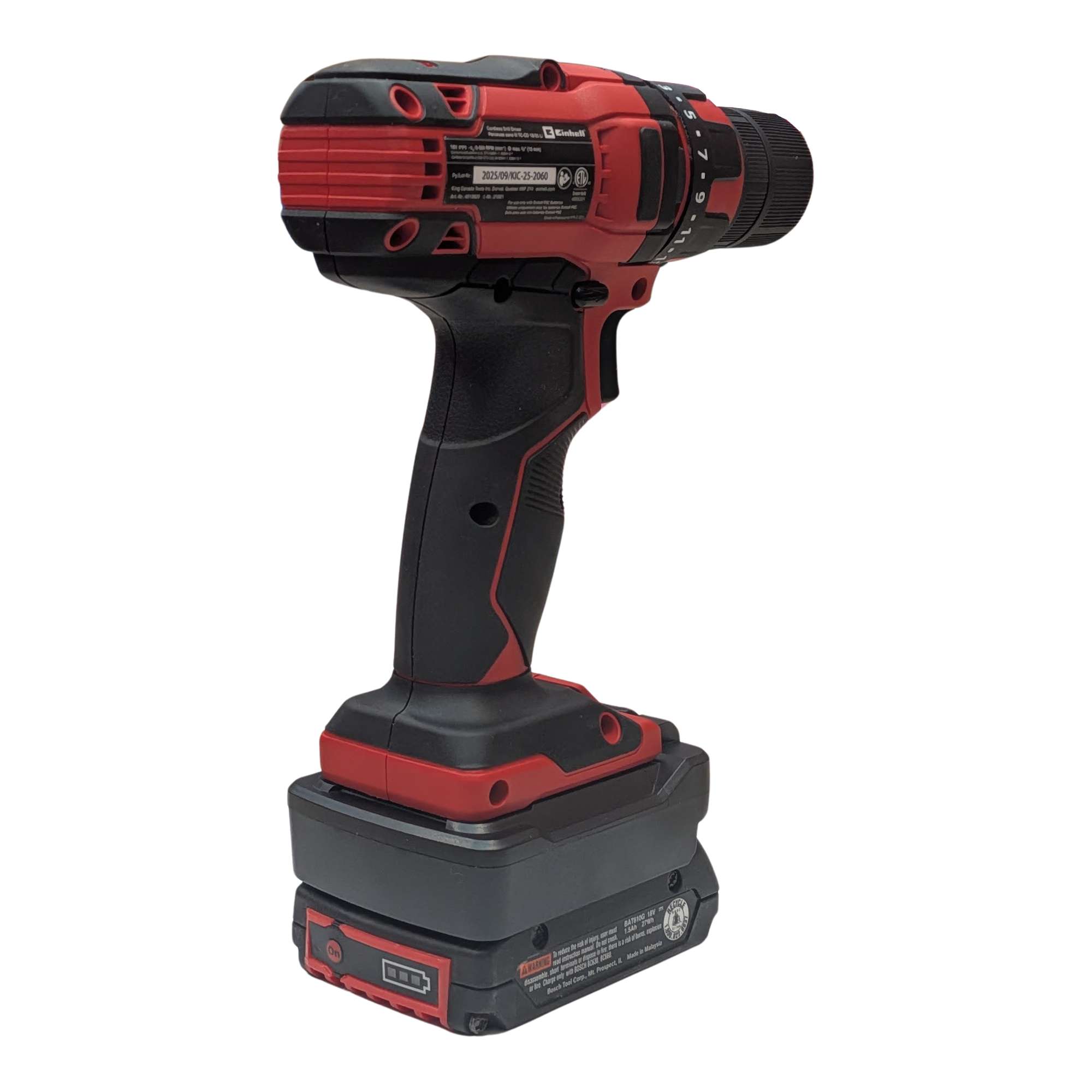 Bosch 18V GBA (Blue) to Einhell 18V PXC battery adapter - installed on a cordless drill driver, rear view, battery pack below