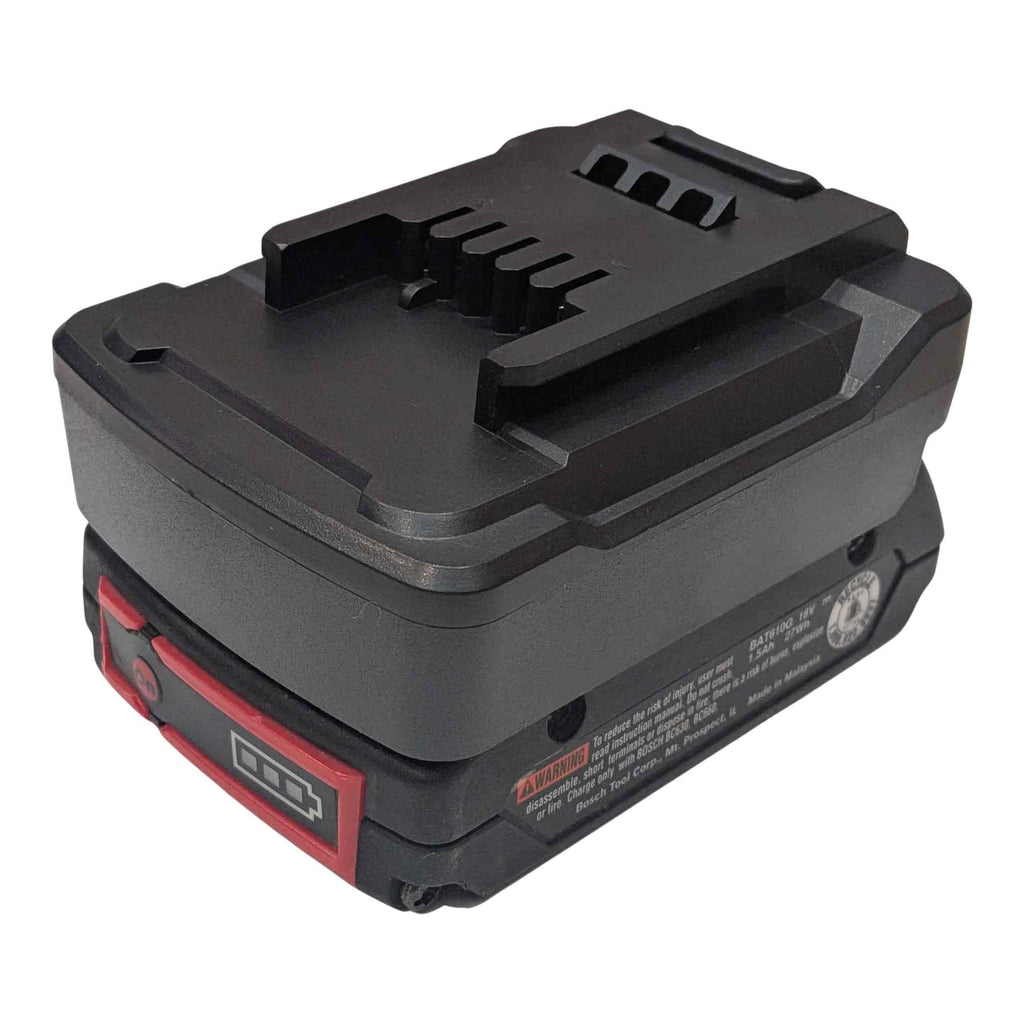 Bosch 18V GBA (Blue) to Einhell 18V PXC battery adapter - fitted to the battery, printed rating and warning label on the pack