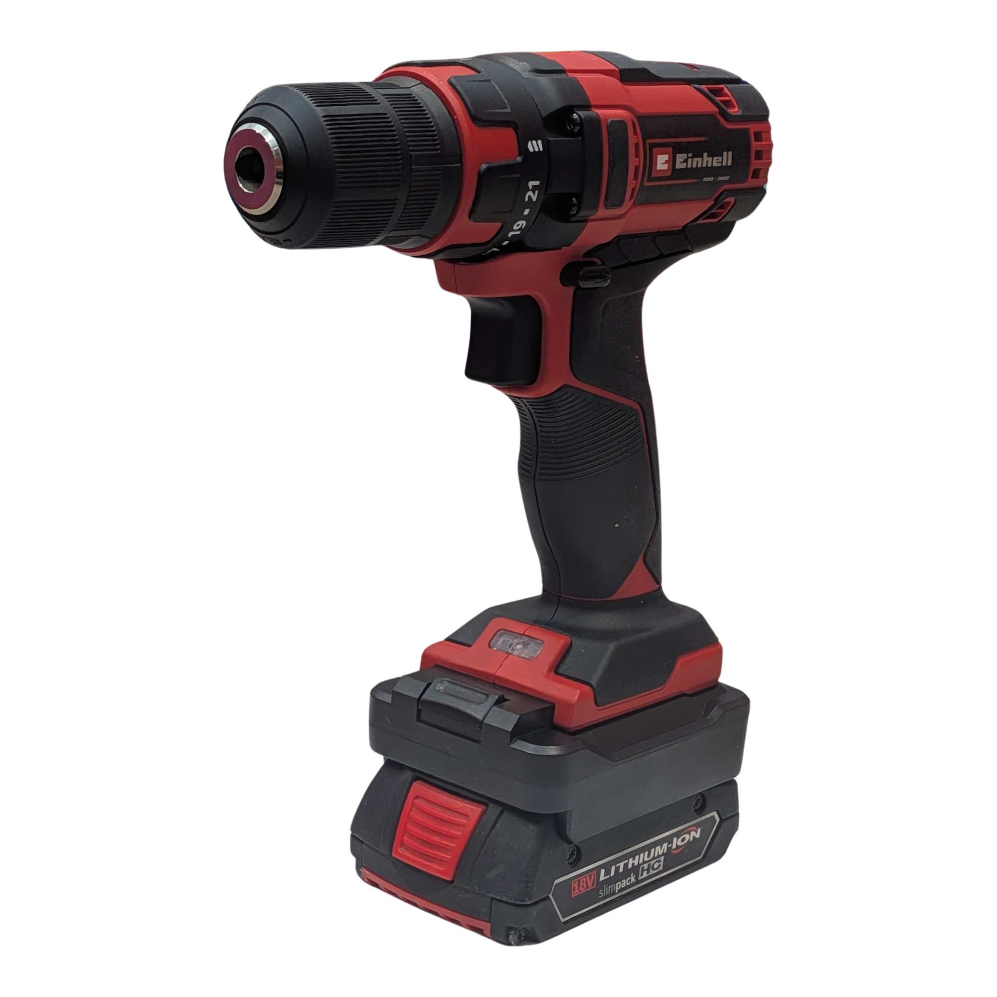 Bosch 18V GBA (Blue) to Einhell 18V PXC battery adapter - installed on a cordless drill driver, battery pack fitted below