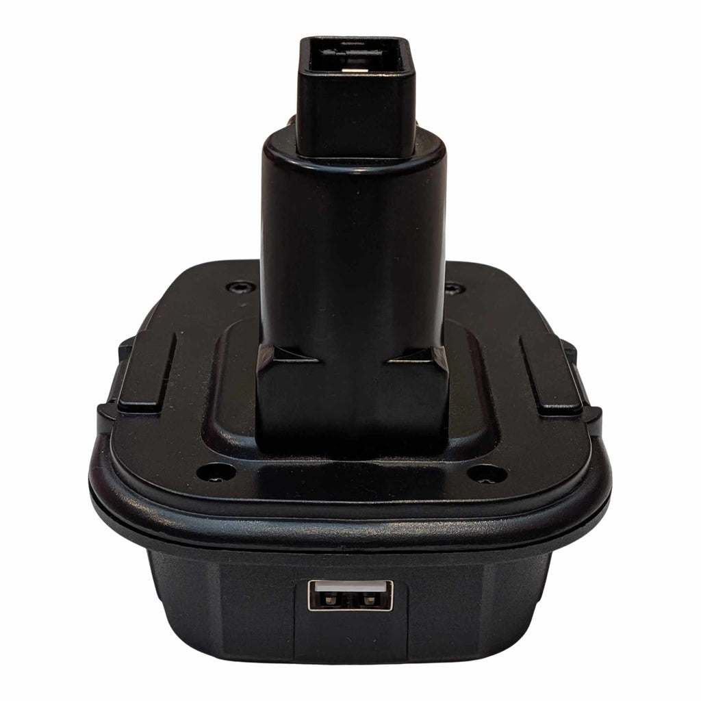 DeWalt 20V MAX to DeWalt 18V Ni-Cd battery adapter - rear view, tool-side post above the body and a USB-A port below