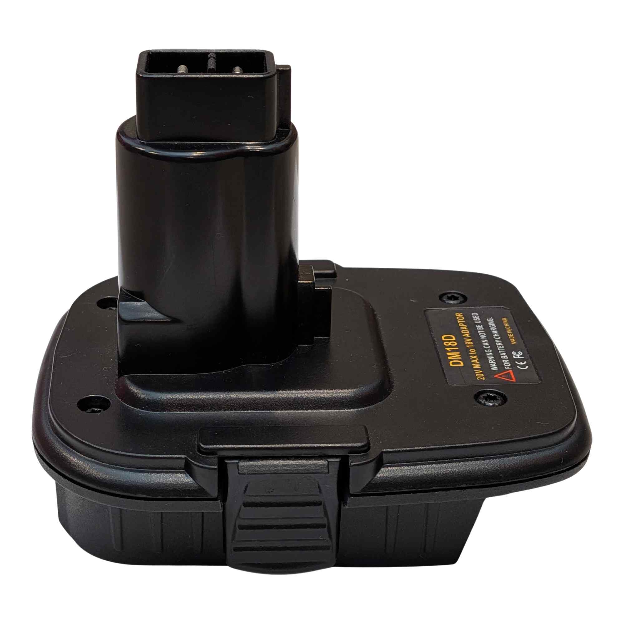 DeWalt 20V MAX to DeWalt 18V Ni-Cd battery adapter - rear angle, tool-side post above the body, warning label alongside