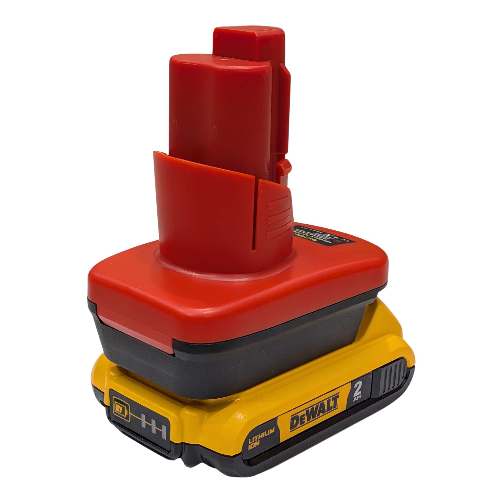 DeWalt 20V MAX to Milwaukee M12 battery adapter - fitted to the DeWalt 20V MAX battery, Milwaukee tool-side stem upward