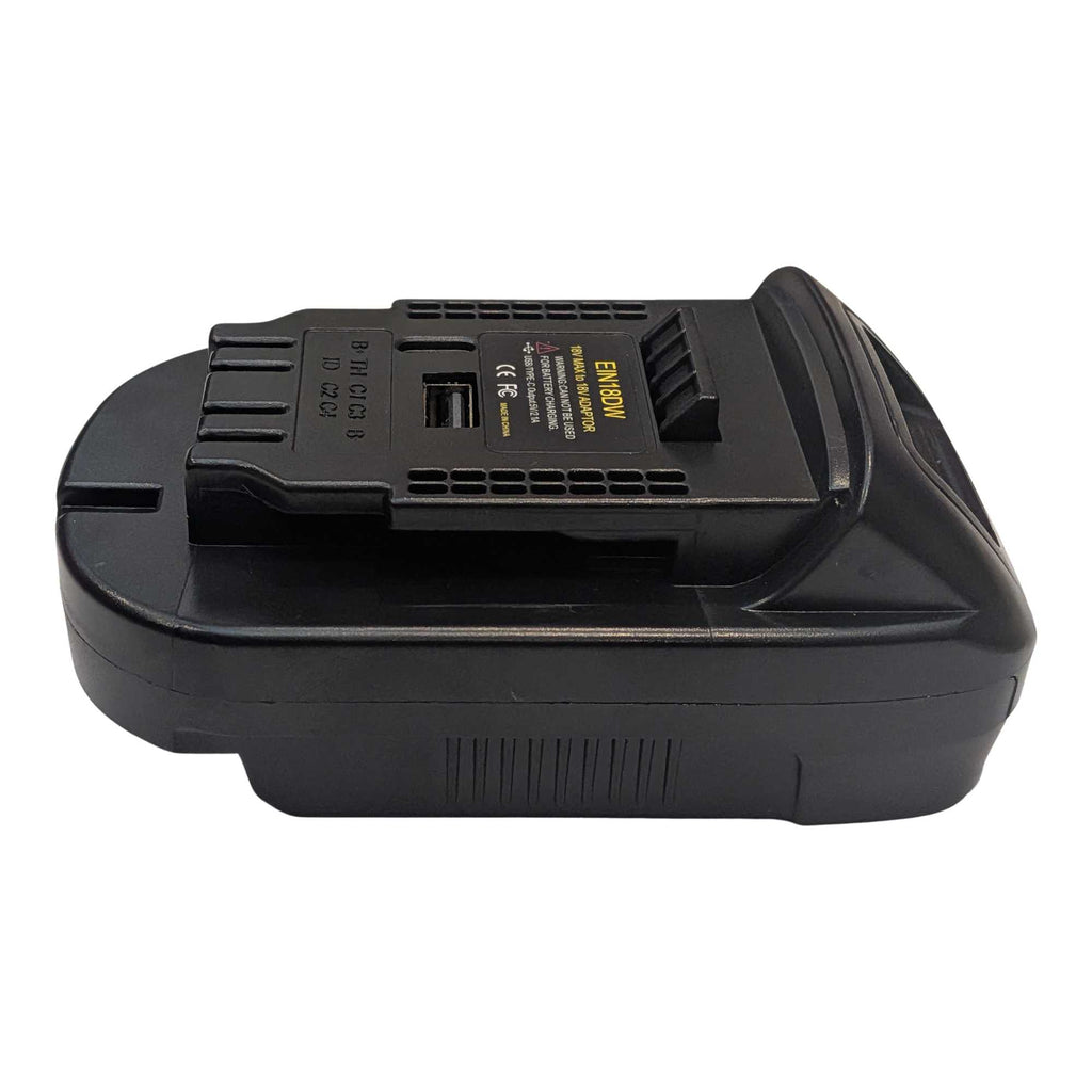 Einhell 18V PXC to DeWalt 20V MAX battery adapter - side view, DeWalt tool-side connection and USB ports on the upper face