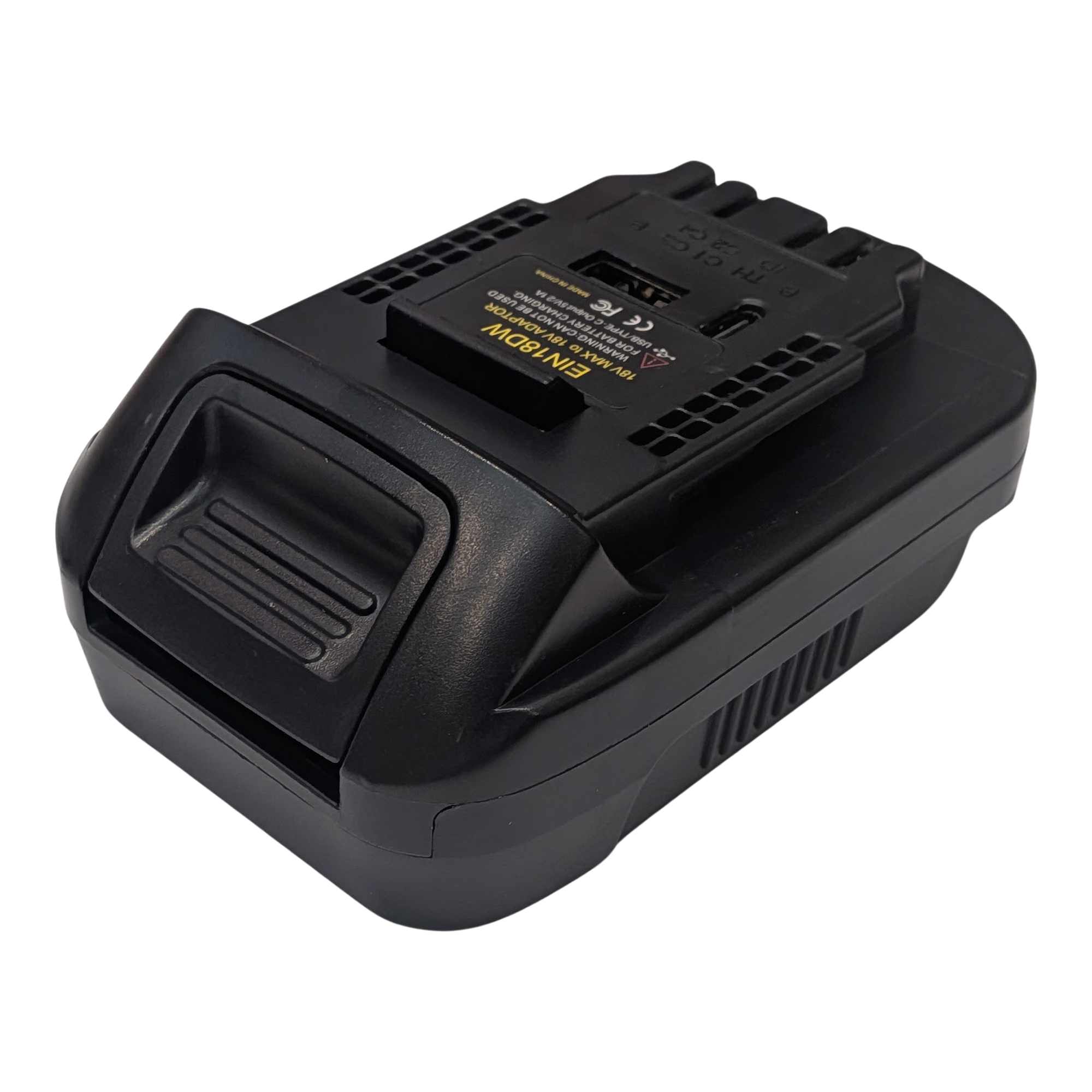Einhell 18V PXC to DeWalt 20V MAX battery adapter - DeWalt tool-side connection and USB ports, angled from above