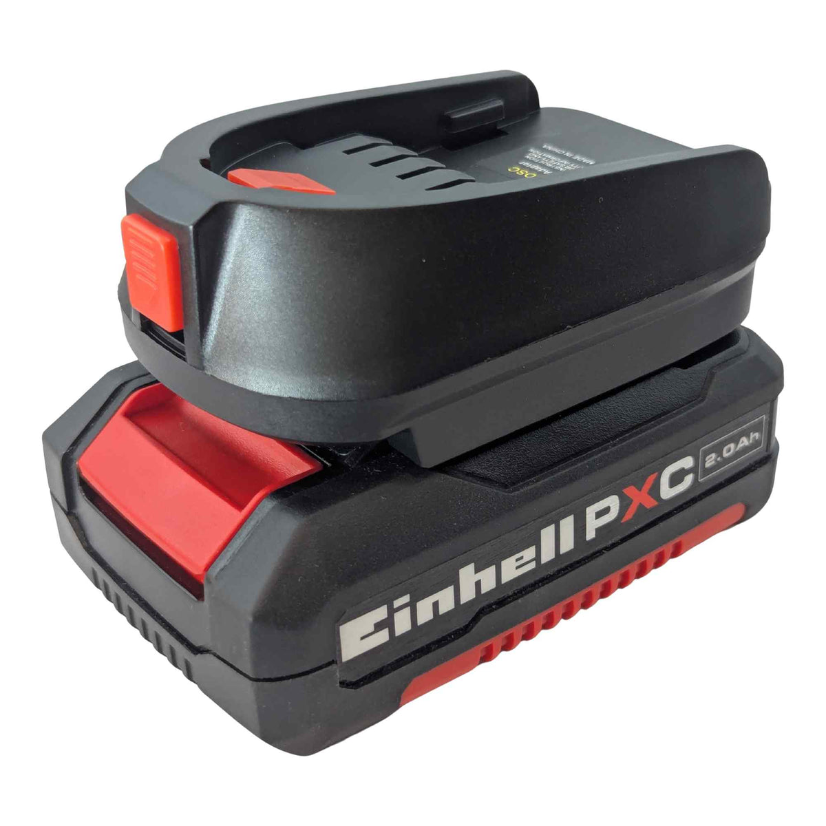 Einhell 18V PXC to Gardena 18V P4A battery adapter - adapter mounted on Einhell PXC battery front angle