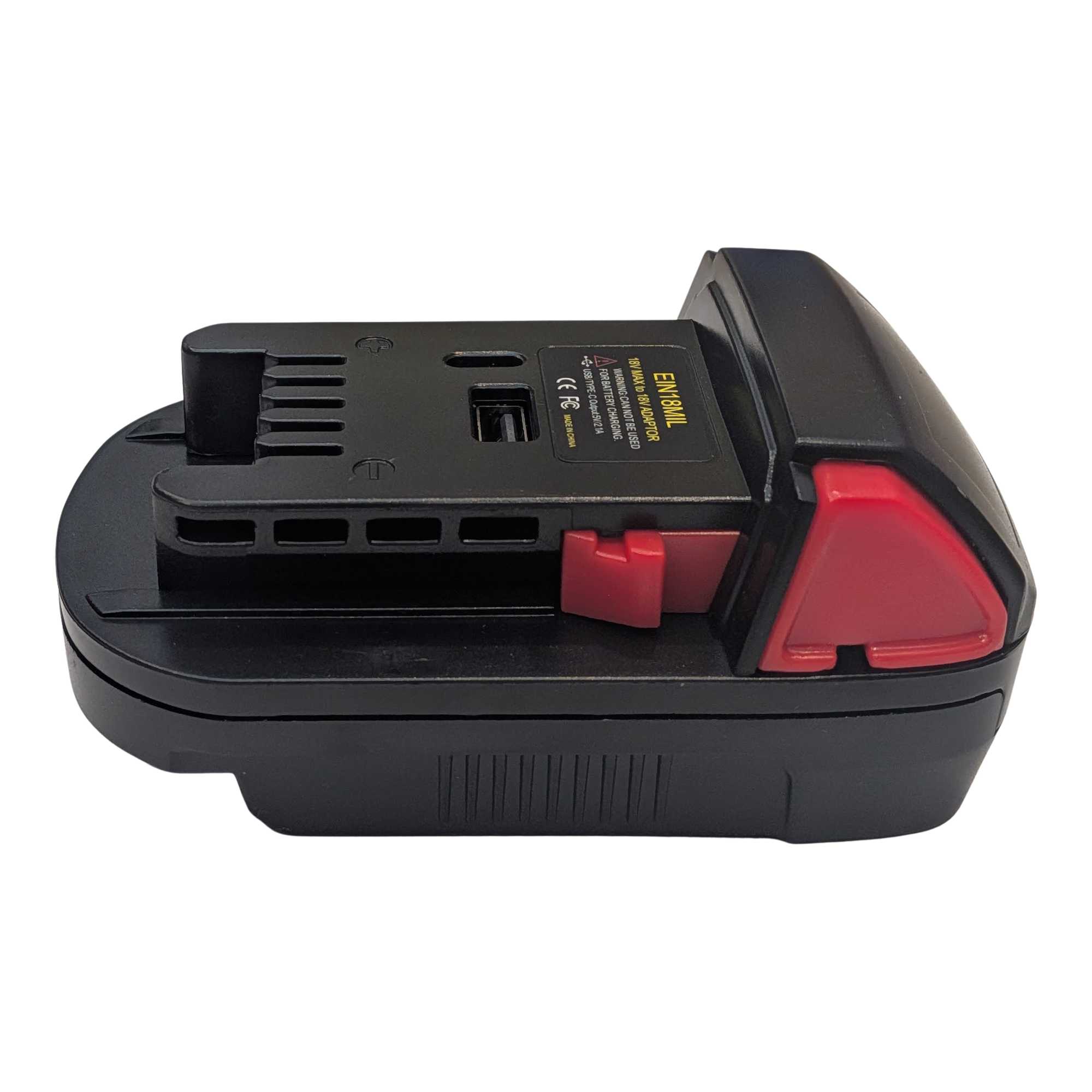 Einhell 18V PXC to Milwaukee M18 battery adapter - side view, Milwaukee tool-side connection and USB ports on the upper face