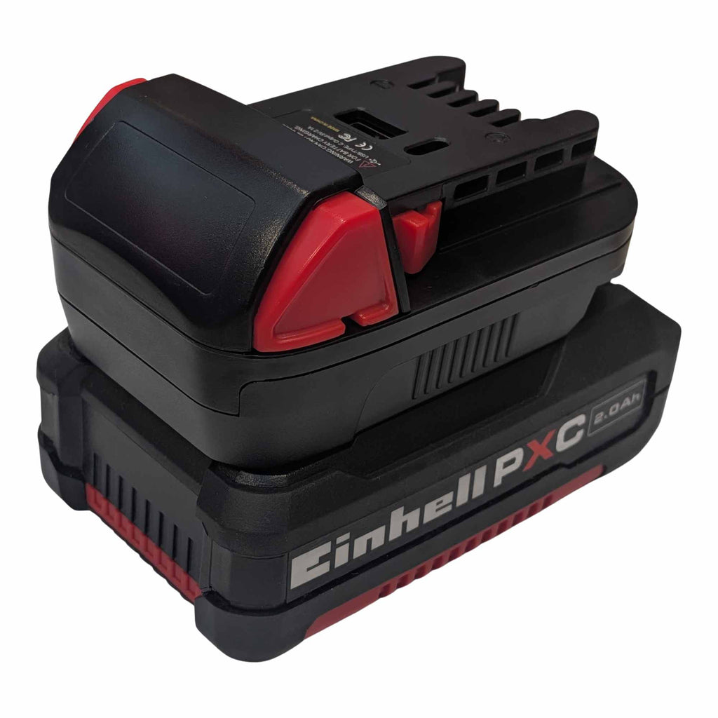 Einhell 18V PXC to Milwaukee M18 battery adapter - fitted to the Einhell 18V PXC battery, tool-side face and USB ports upward