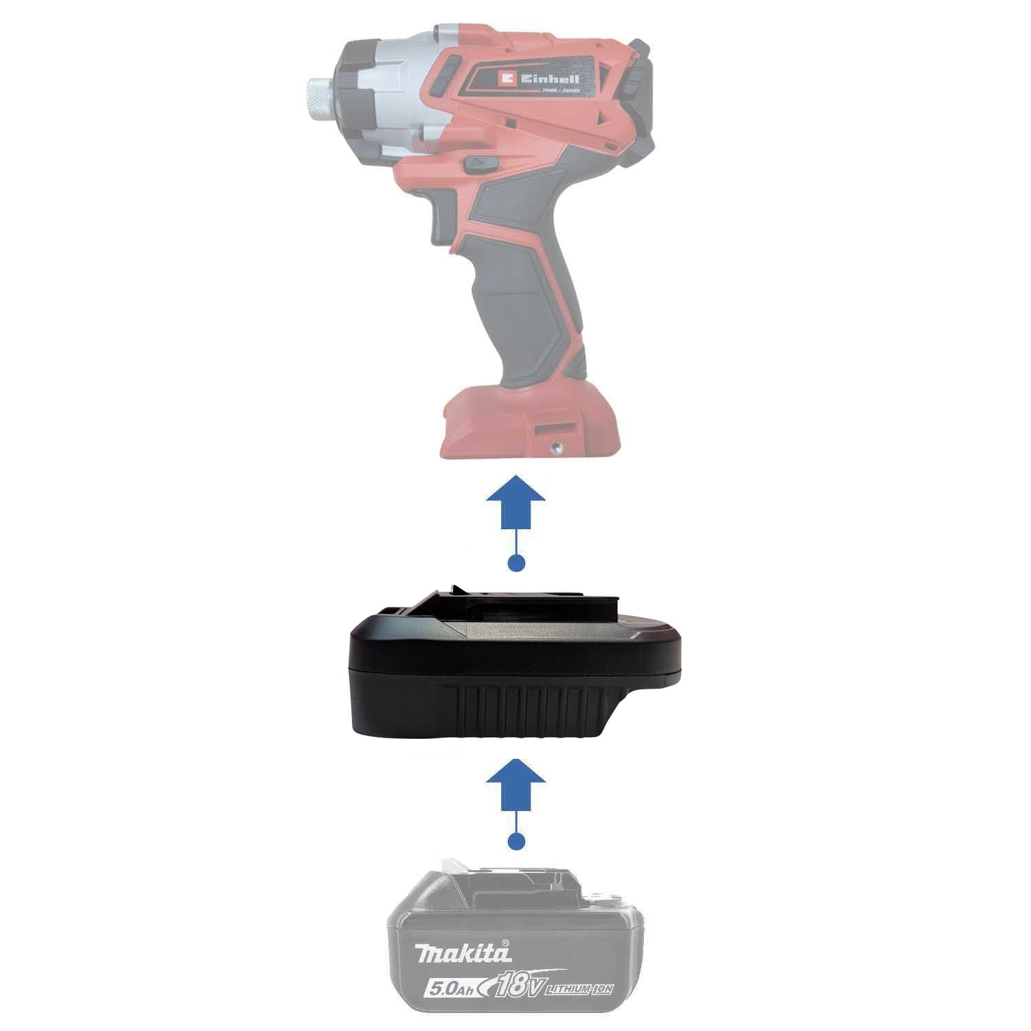 Makita 18V LXT to Einhell 18V PXC battery adapter - compatibility diagram showing battery, adapter and impact driver