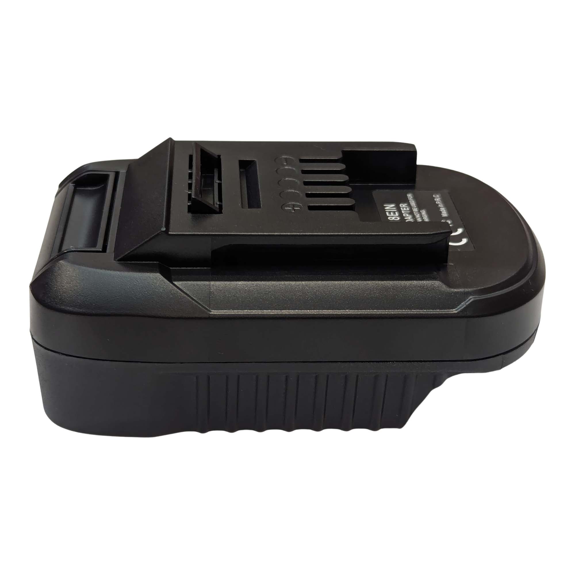 Makita 18V LXT to Einhell 18V PXC battery adapter - side view with the Einhell tool-side connection uppermost