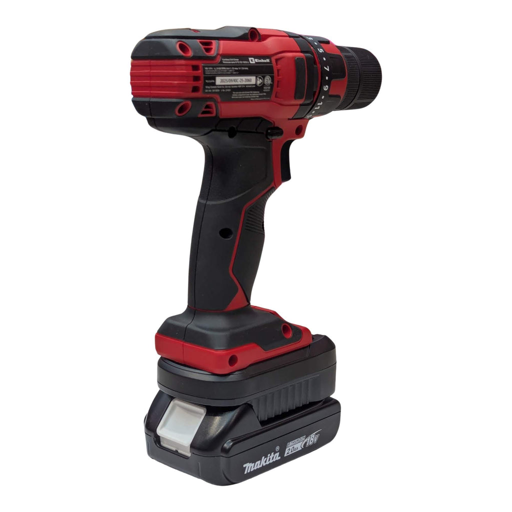 Makita 18V LXT to Einhell 18V PXC battery adapter - installed on a cordless drill driver, rear view, battery pack below