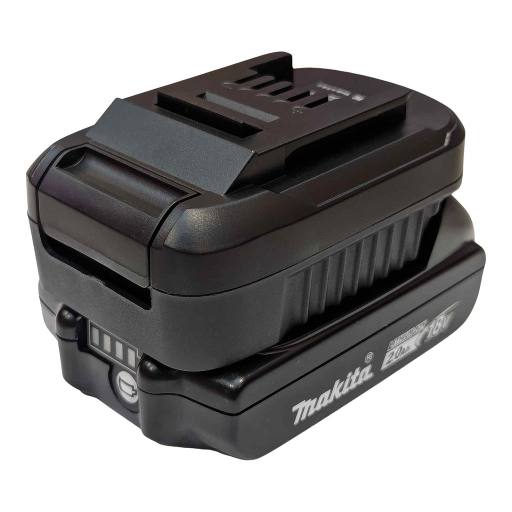 Makita 18V LXT to Einhell 18V PXC battery adapter - fitted to the Makita 18V LXT battery, rear view, fuel gauge in view