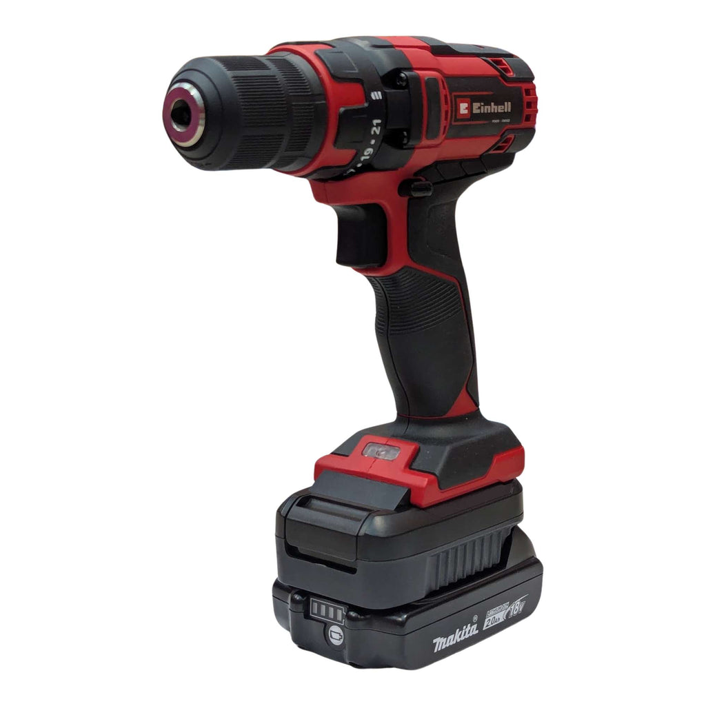 Makita 18V LXT to Einhell 18V PXC battery adapter - installed on a cordless drill driver, battery pack fitted below