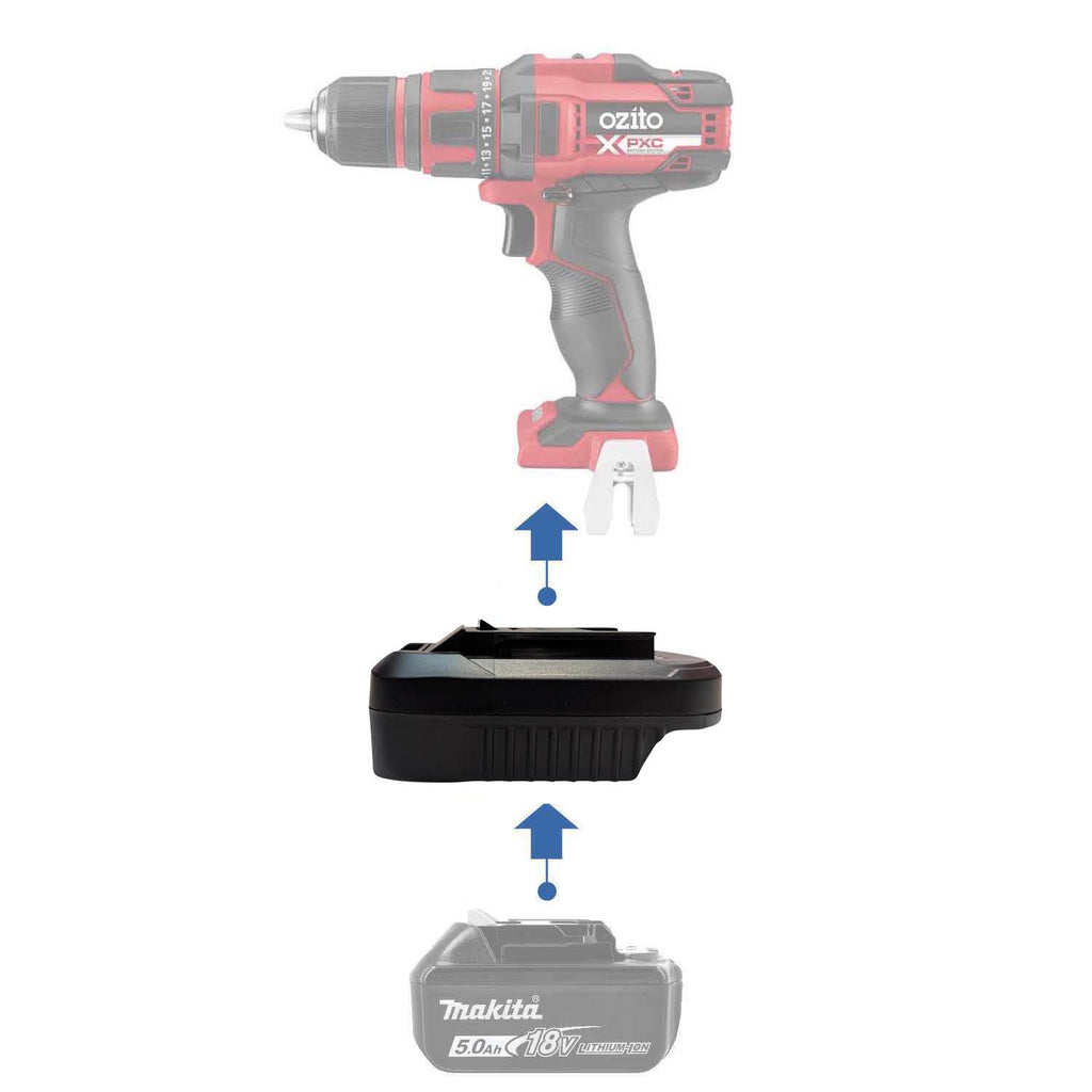 Makita 18V LXT to Ozito 18V PXC battery adapter - compatibility diagram showing battery, adapter and drill driver