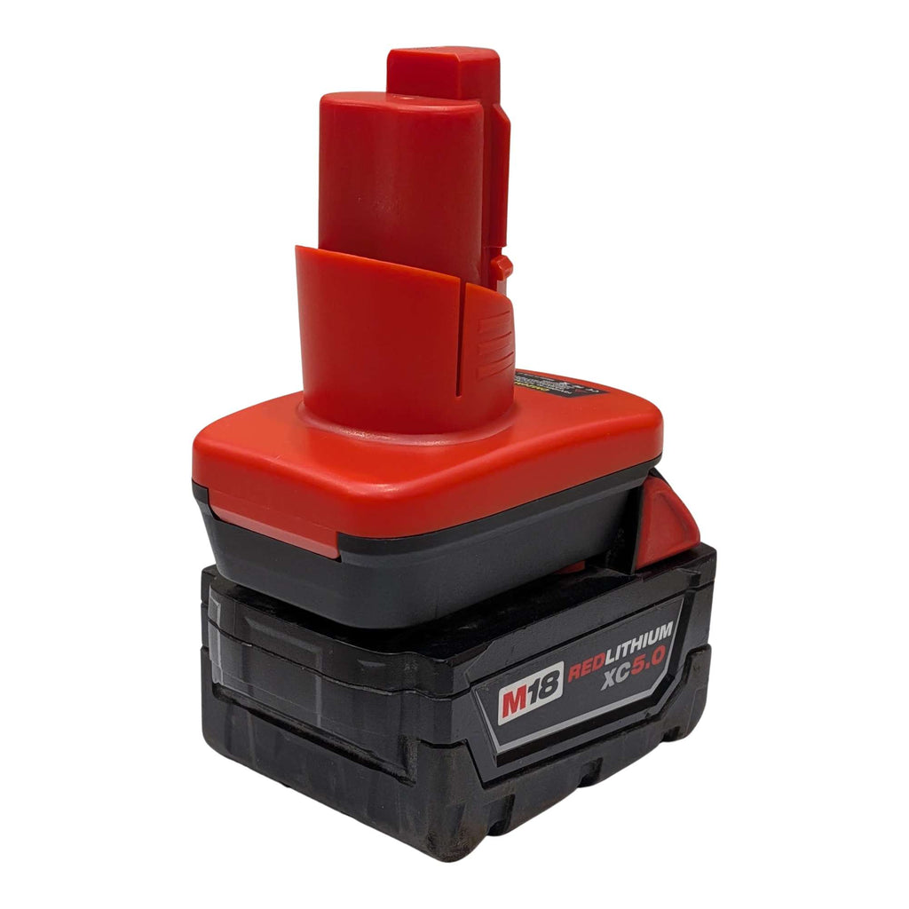 Milwaukee M18 to Milwaukee M12 battery adapter - fitted to the Milwaukee M18 battery, tool-side stem upward