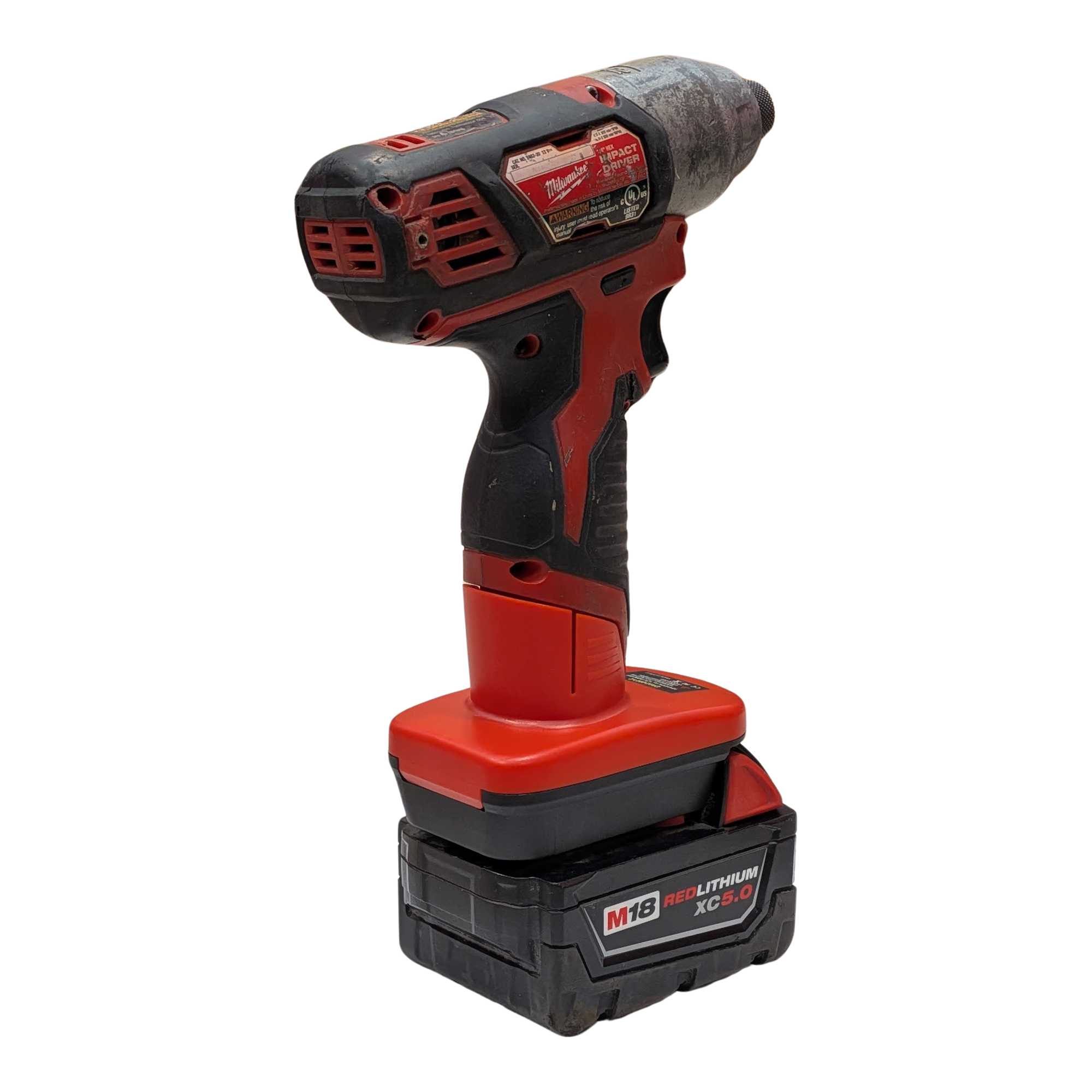 Milwaukee M18 to Milwaukee M12 battery adapter - installed on an impact driver and fitted to the battery, rear view