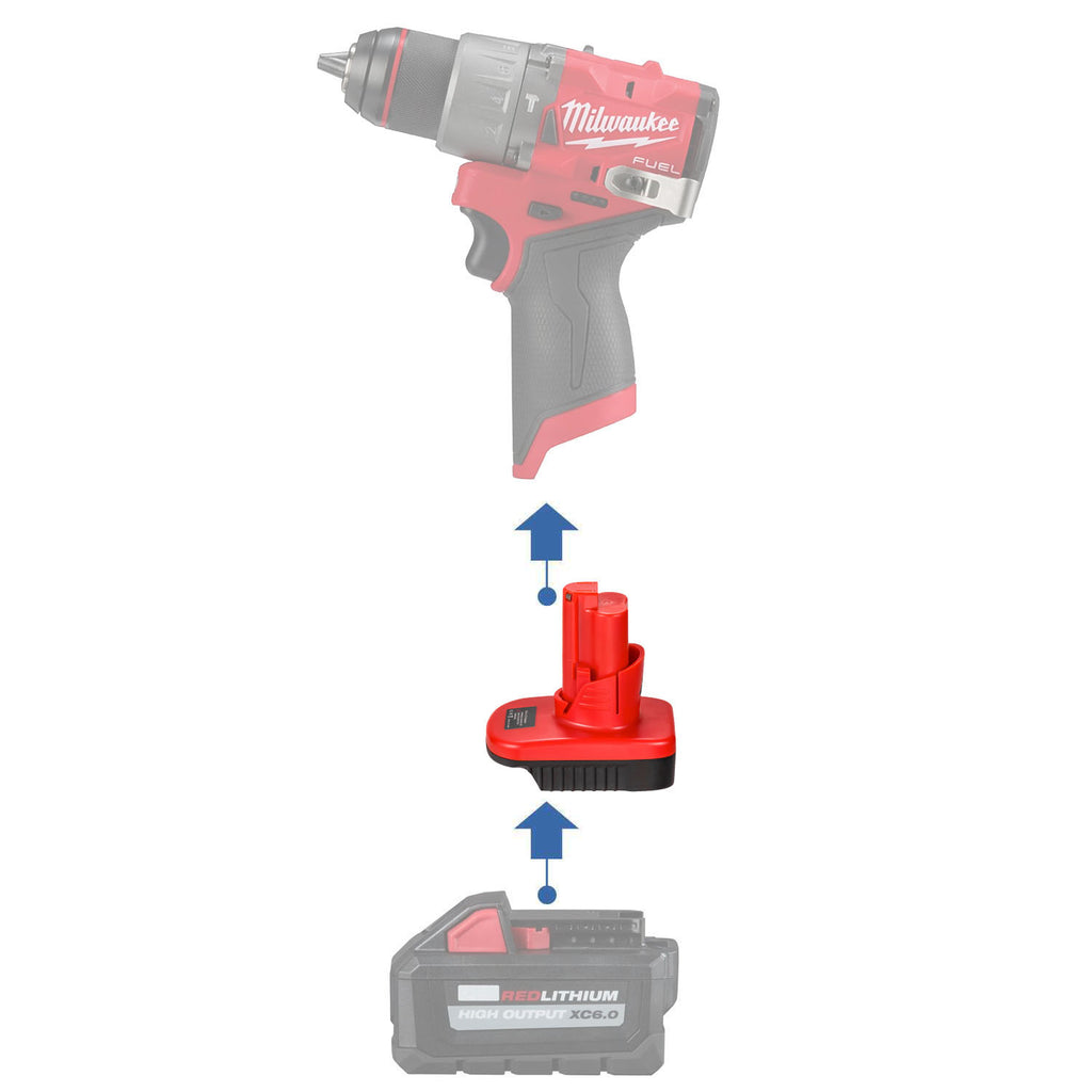 Milwaukee M18 to Milwaukee M12 battery adapter - compatibility diagram showing battery, adapter and drill driver