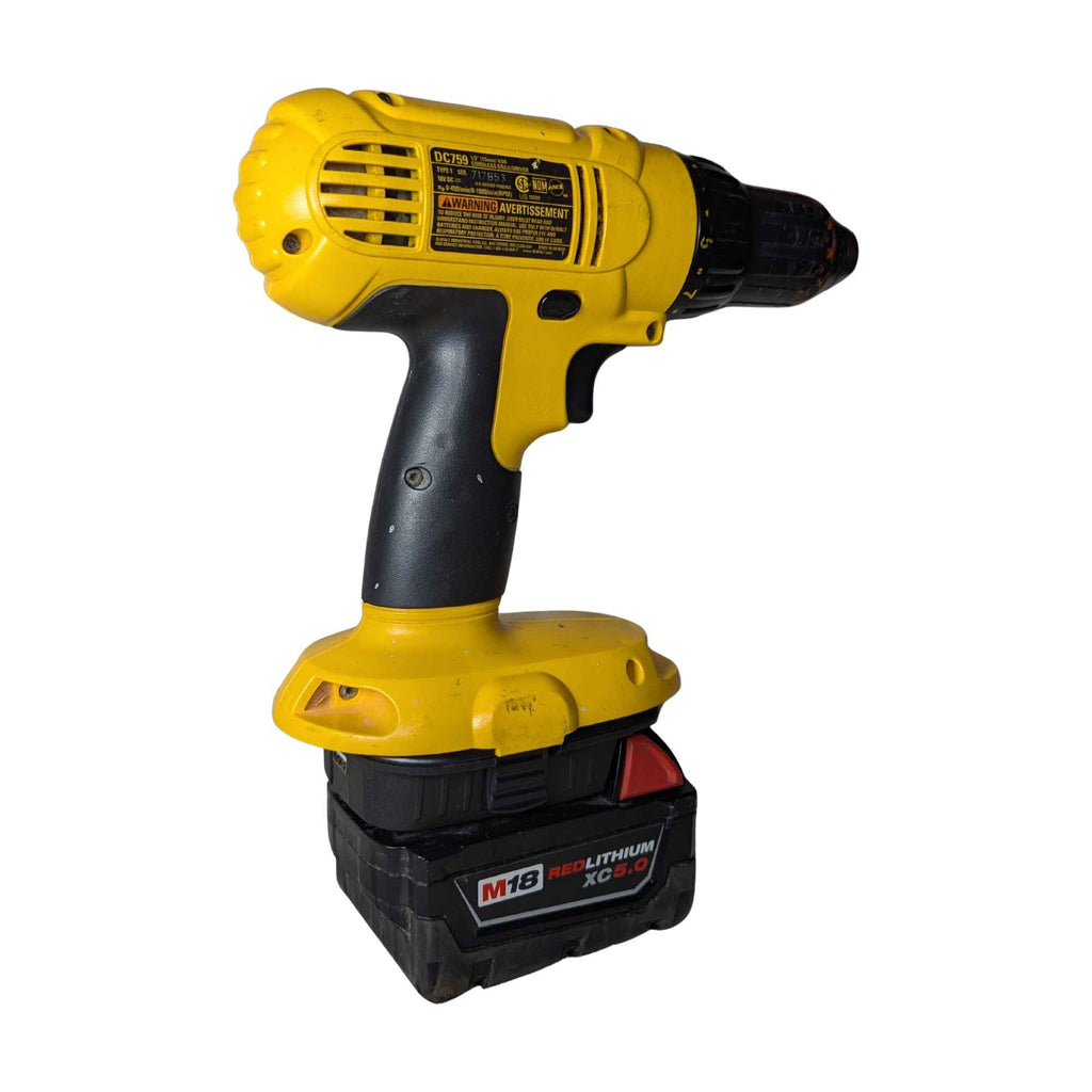Milwaukee M18 to DeWalt 18V Ni-Cd battery adapter - installed on a DeWalt drill, Milwaukee battery fitted beneath