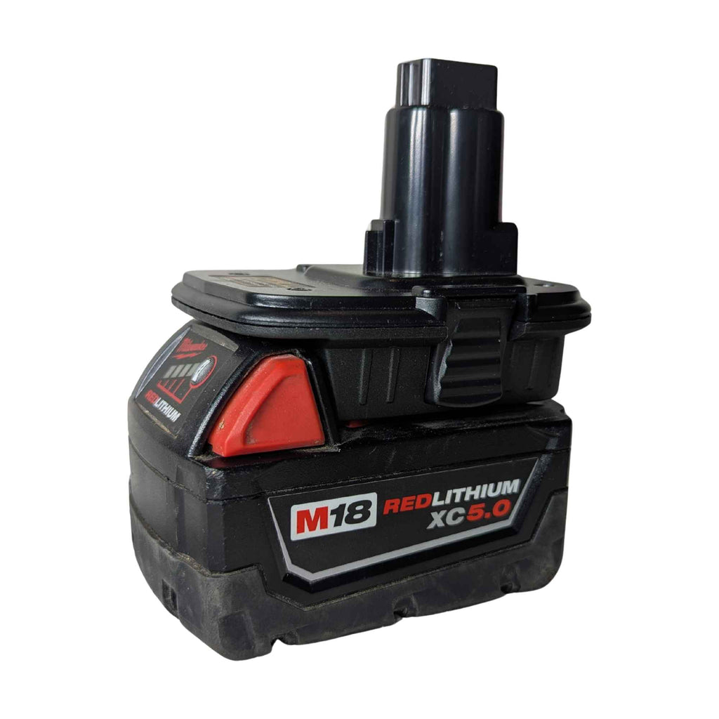 Milwaukee M18 to DeWalt 18V Ni-Cd battery adapter - fitted to the Milwaukee M18 battery, DeWalt tool-side post upward