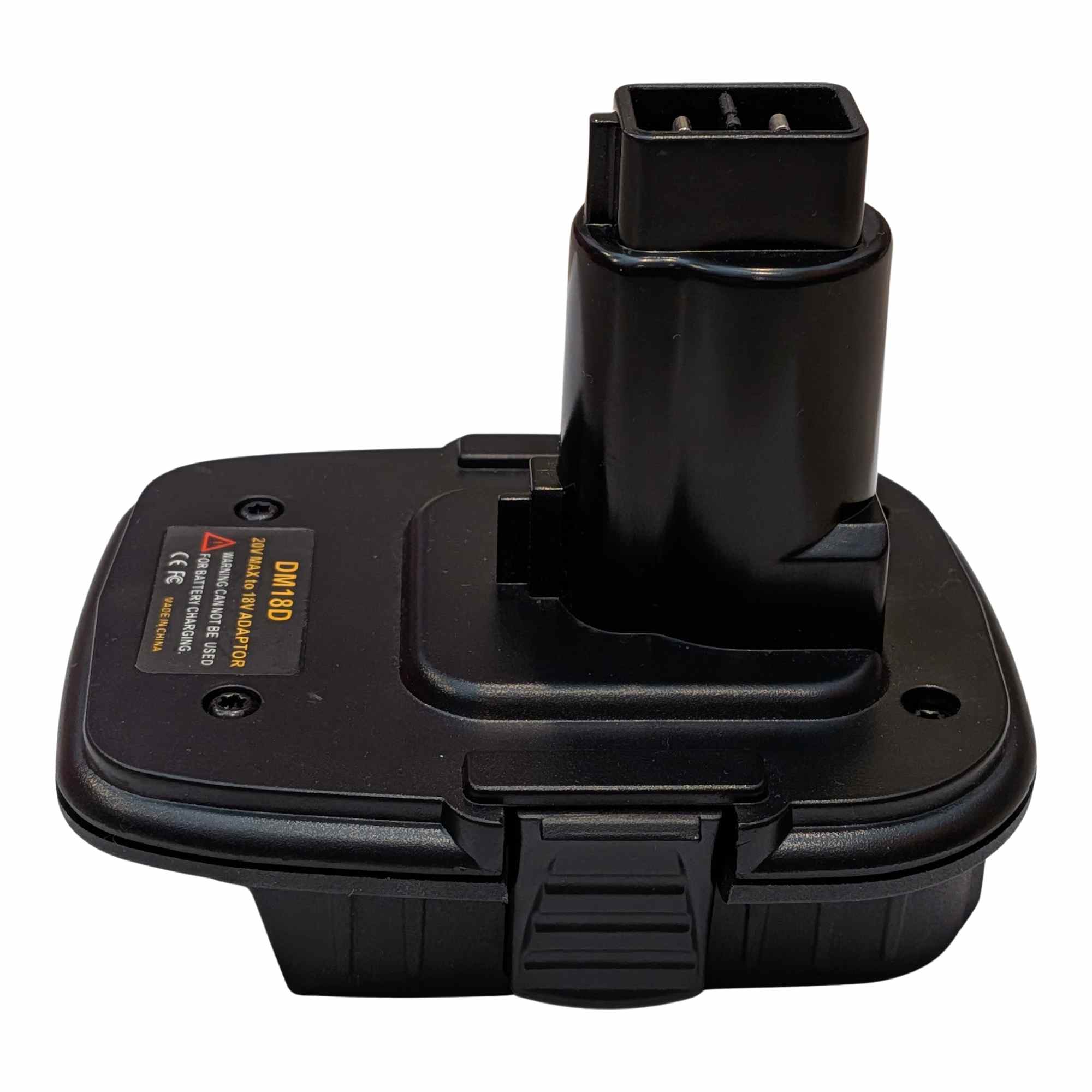 Milwaukee M18 to DeWalt 18V Ni-Cd battery adapter - front angle, tool-side post above the body, warning label alongside
