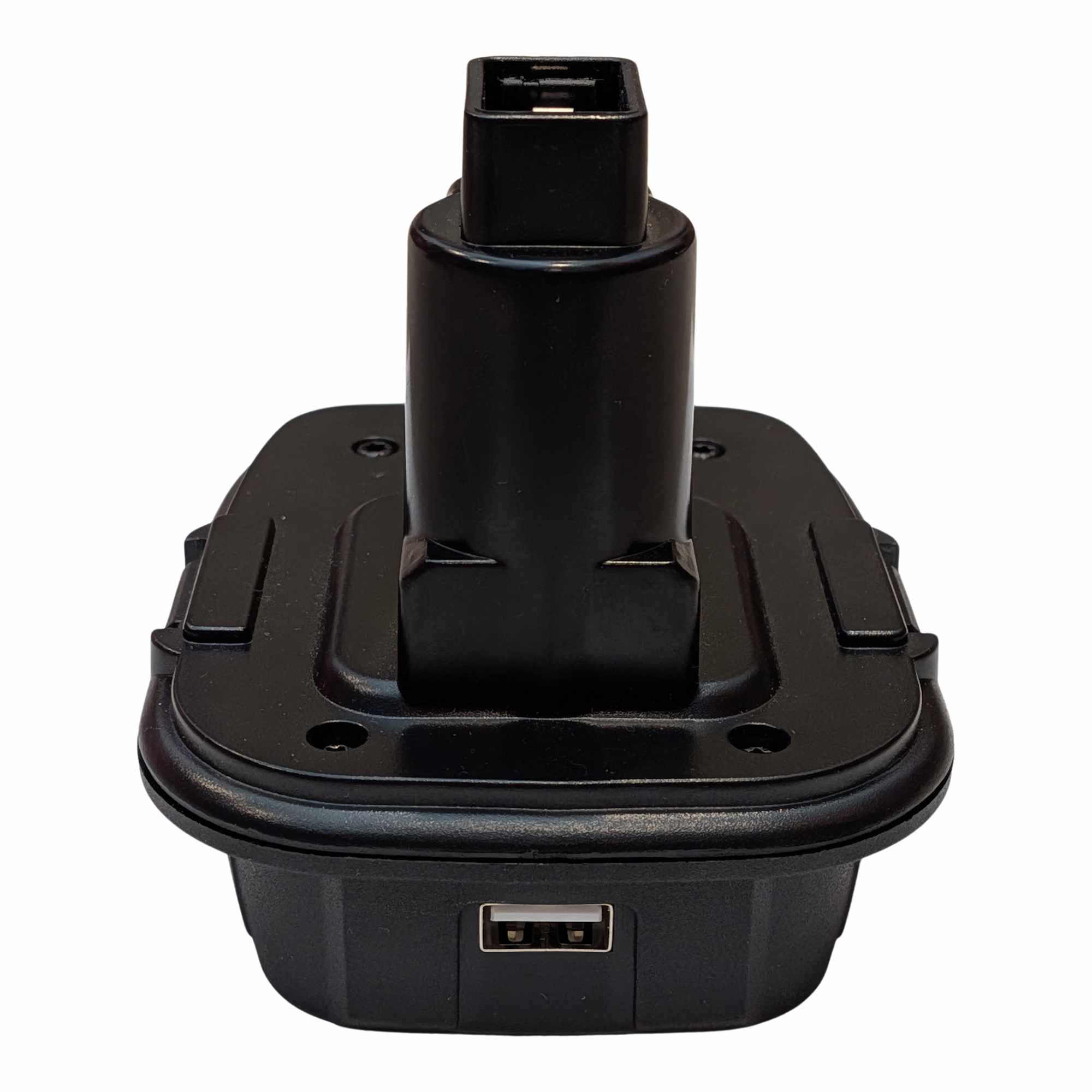Milwaukee M18 to DeWalt 18V Ni-Cd battery adapter - rear view, tool-side post above the body and a USB-A port below