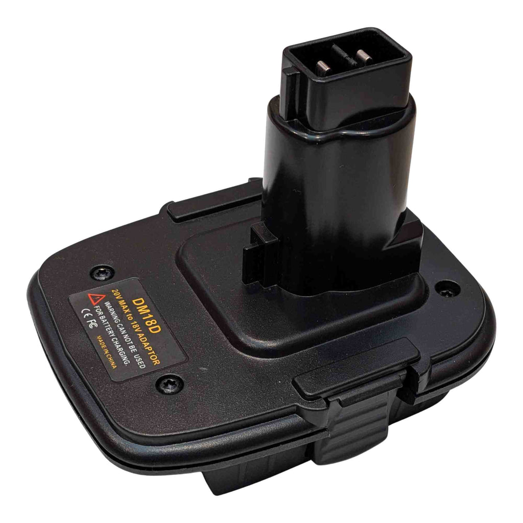Milwaukee M18 to DeWalt 18V Ni-Cd battery adapter - top angle, tool-side post and terminal head above the body