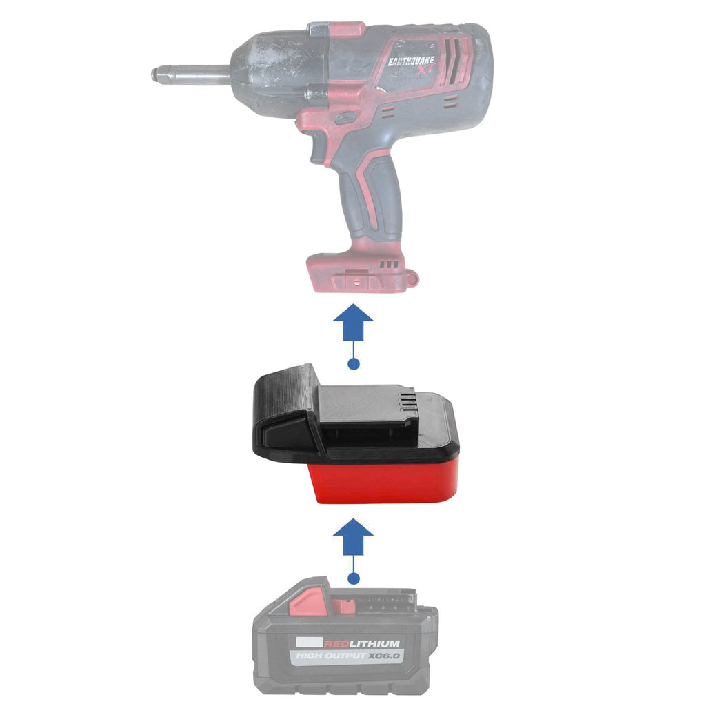 Milwaukee M18 to Earthquake 20V XT battery adapter - compatibility diagram showing battery, adapter and impact wrench