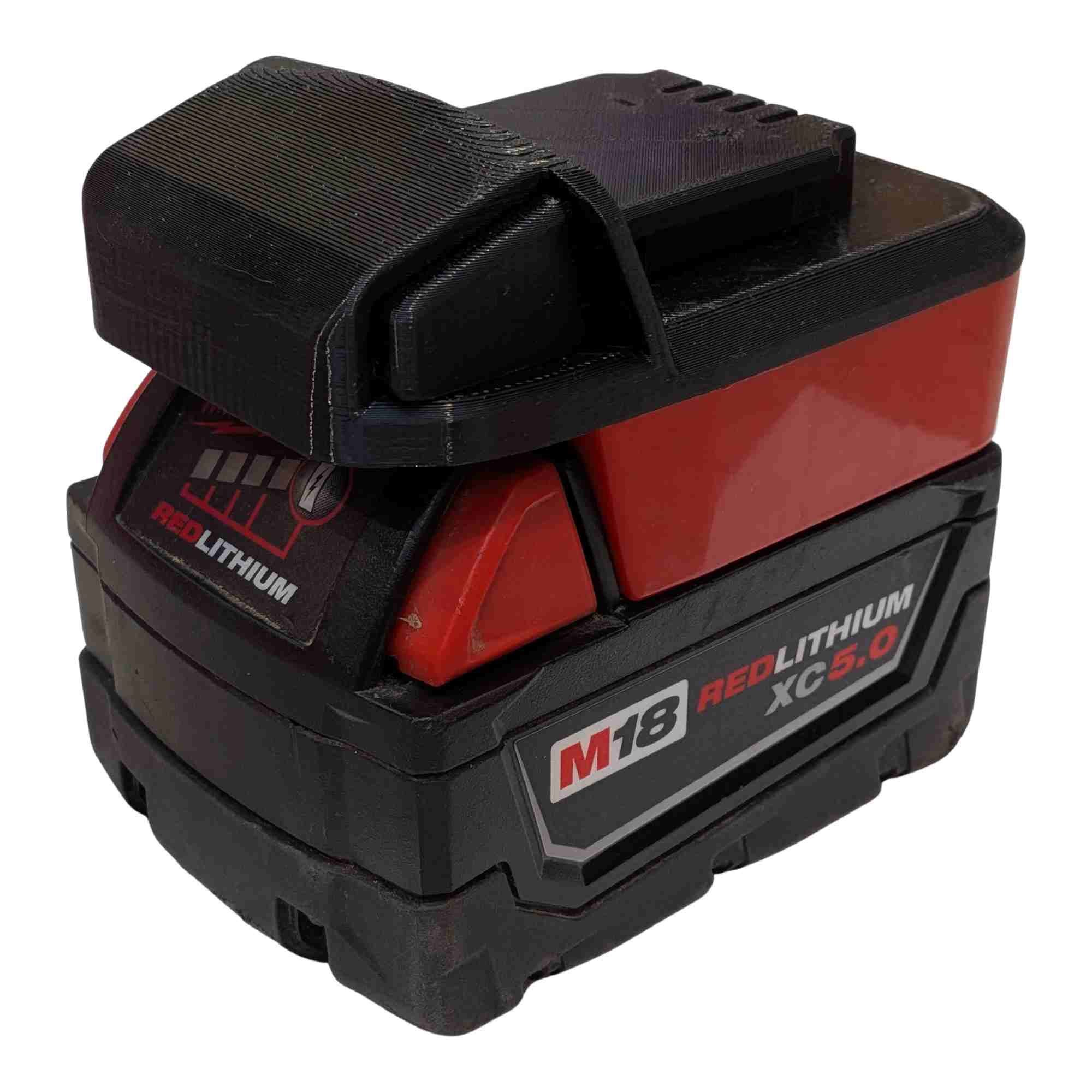 Milwaukee M18 to Earthquake 20V XT battery adapter - fitted to the Milwaukee M18 battery, tool-side terminal block upward