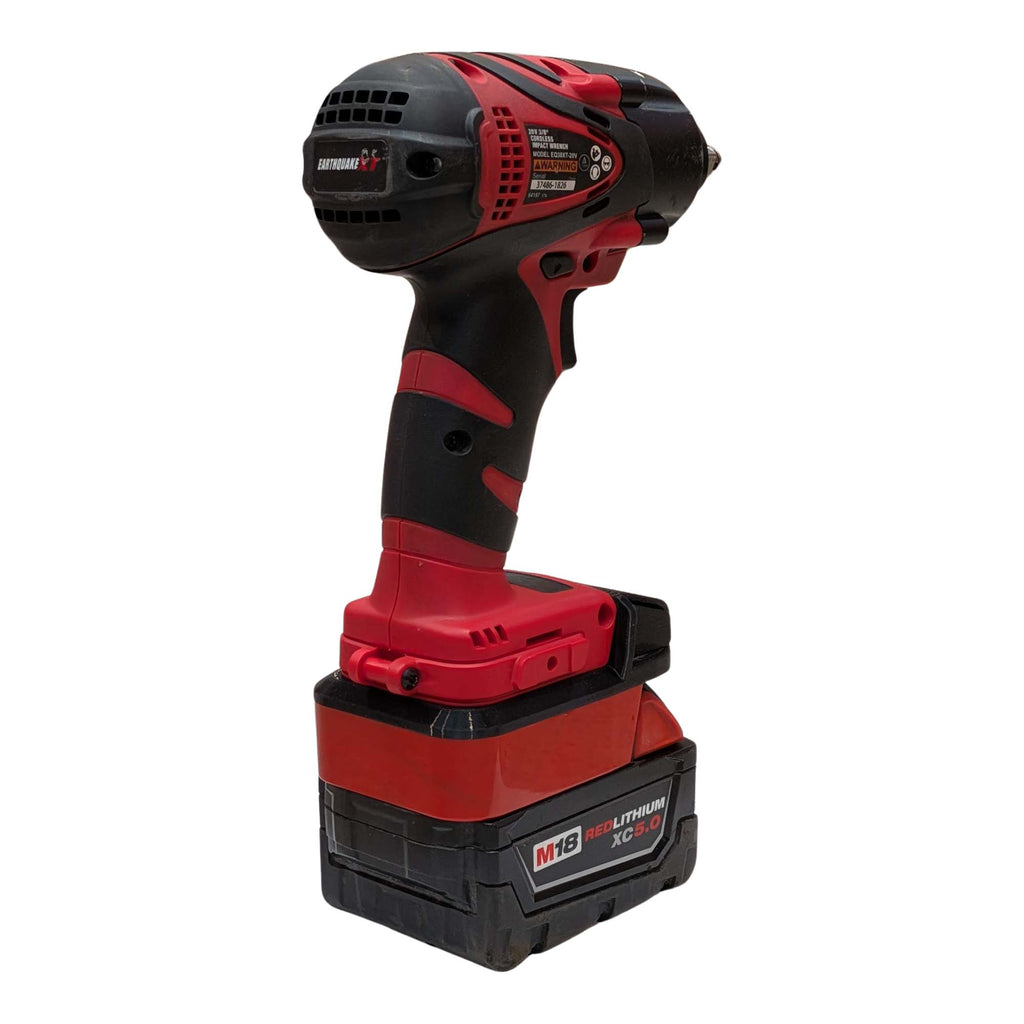 Milwaukee M18 to Earthquake 20V XT battery adapter - installed on an impact wrench with the battery pack fitted below -