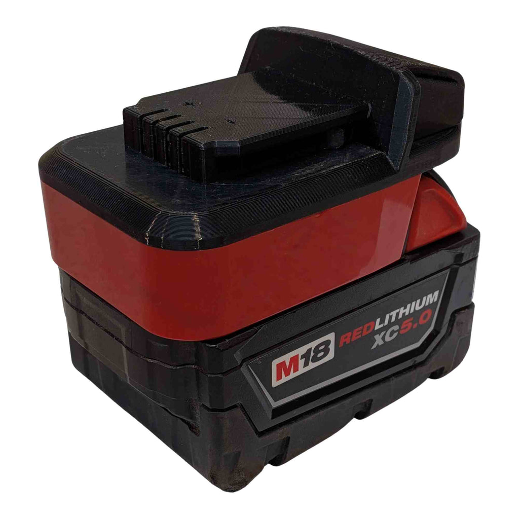Milwaukee M18 to Earthquake 20V XT battery adapter - fitted to the Milwaukee M18 battery, tool-side terminal block upward