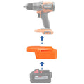 Milwaukee M18 to RIDGID 18V battery adapter - compatibility diagram showing battery, adapter and drill