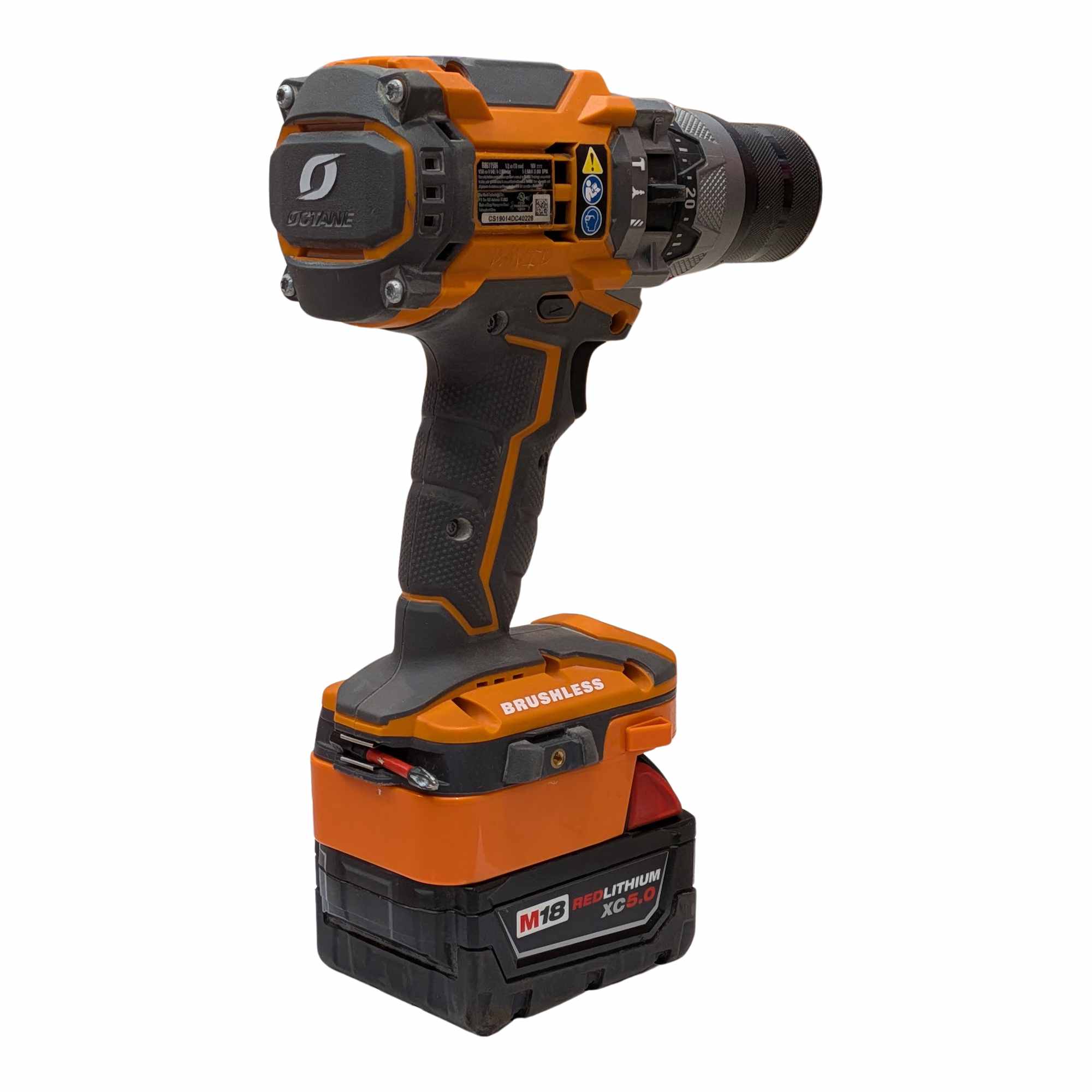 Milwaukee M18 to RIDGID 18V battery adapter - installed on a RIDGID drill, rear view