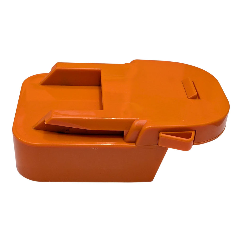 Milwaukee M18 to RIDGID 18V battery adapter - tool-side rail and catch, side angle