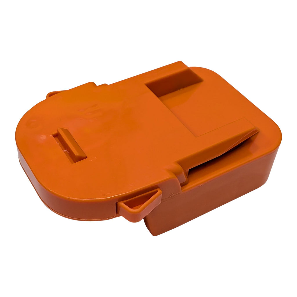 Milwaukee M18 to RIDGID 18V battery adapter - tool-side rail and catch, angled