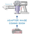 Ozito 18V PXC to Dyson V6 battery adapter - placeholder text reading adapter image coming soon, cordless vacuum above