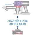 Ozito 18V PXC to Dyson V8 battery adapter - placeholder text reading adapter image coming soon, cordless vacuum above